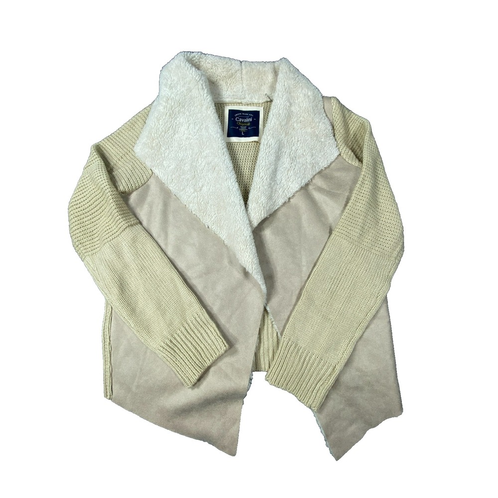 NWT Cavalini Sherpa Cardigan Womens Large Beige Open Cozy Knit Jacket Winter